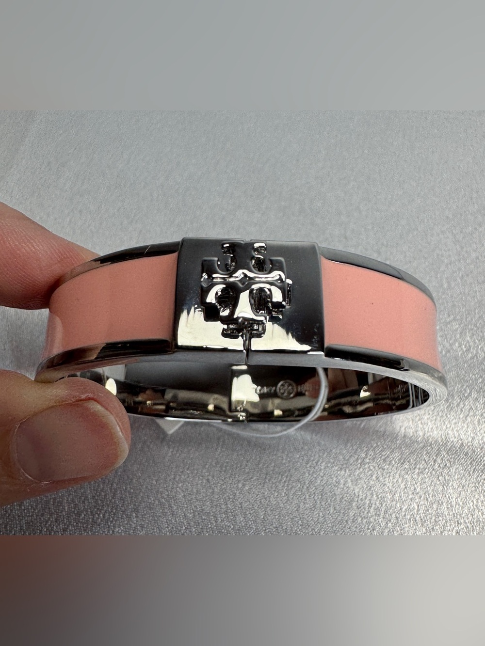 NWT Tory Burch Kira LOGO Pink and Silver Bangle Bracelet Size 6.5”